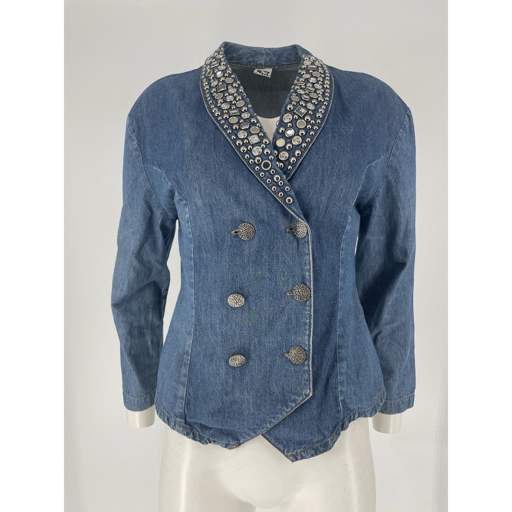 Vintage 80's Denim‎ Jacket Bling Rhinestones Studs Women Double Breasted Sz S M